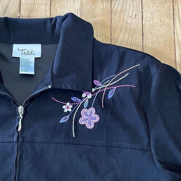 Teddi Womens 80's Vintage Black Floral Embroidered Full‎ Zip Jacket Size L - Picture 6 of 9